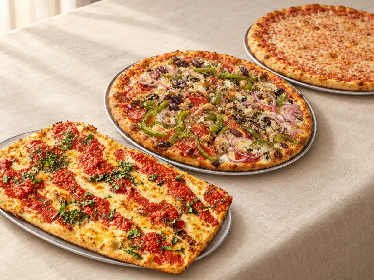 Three gourmet pizzas in a row