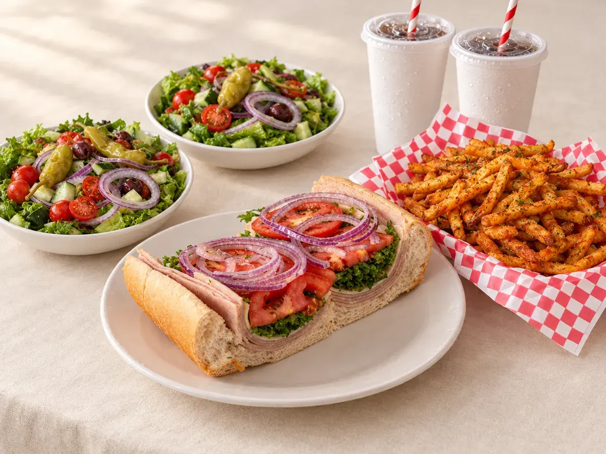 Two Italian cold subs, fries, side salads and two fountain drinks