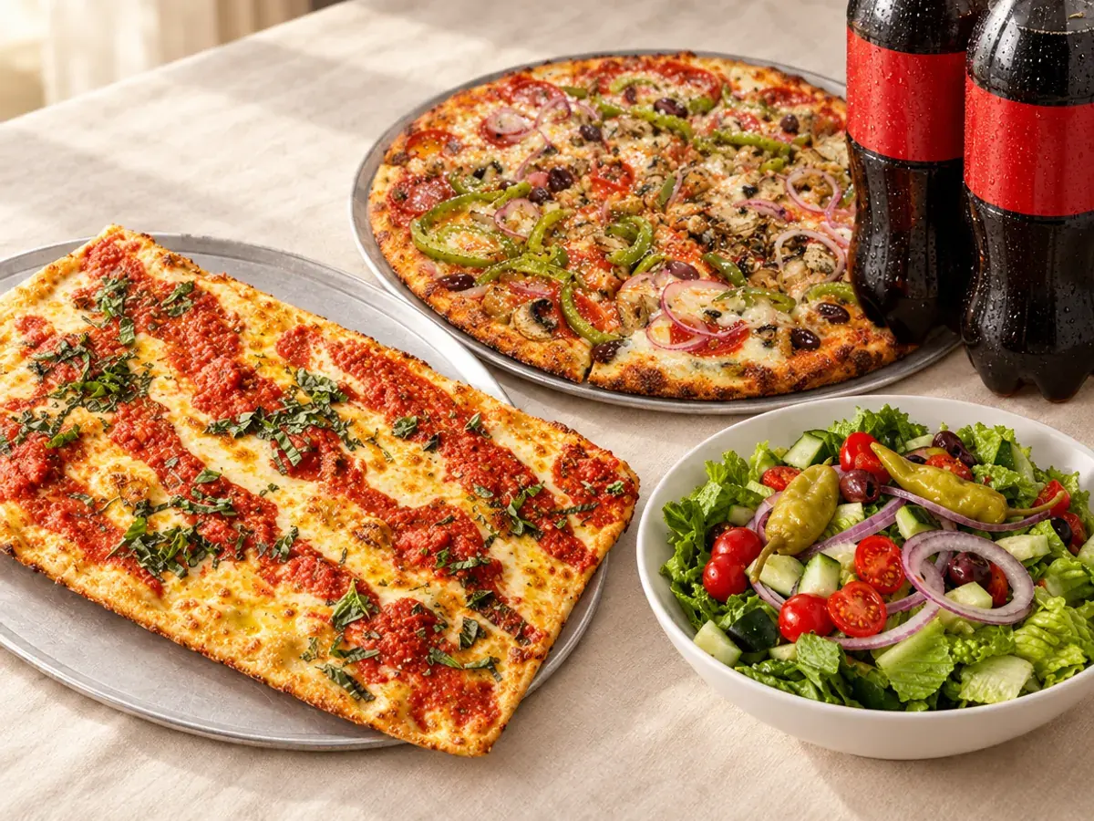 Two gourmet pizzas, a house salad and two bottles of soda