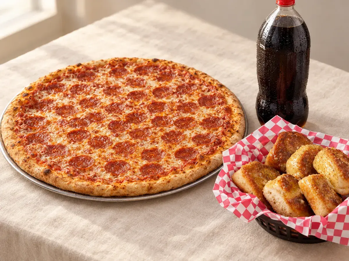 A large pepperoni pizza, a basket of garlic rolls and a bottle of soda