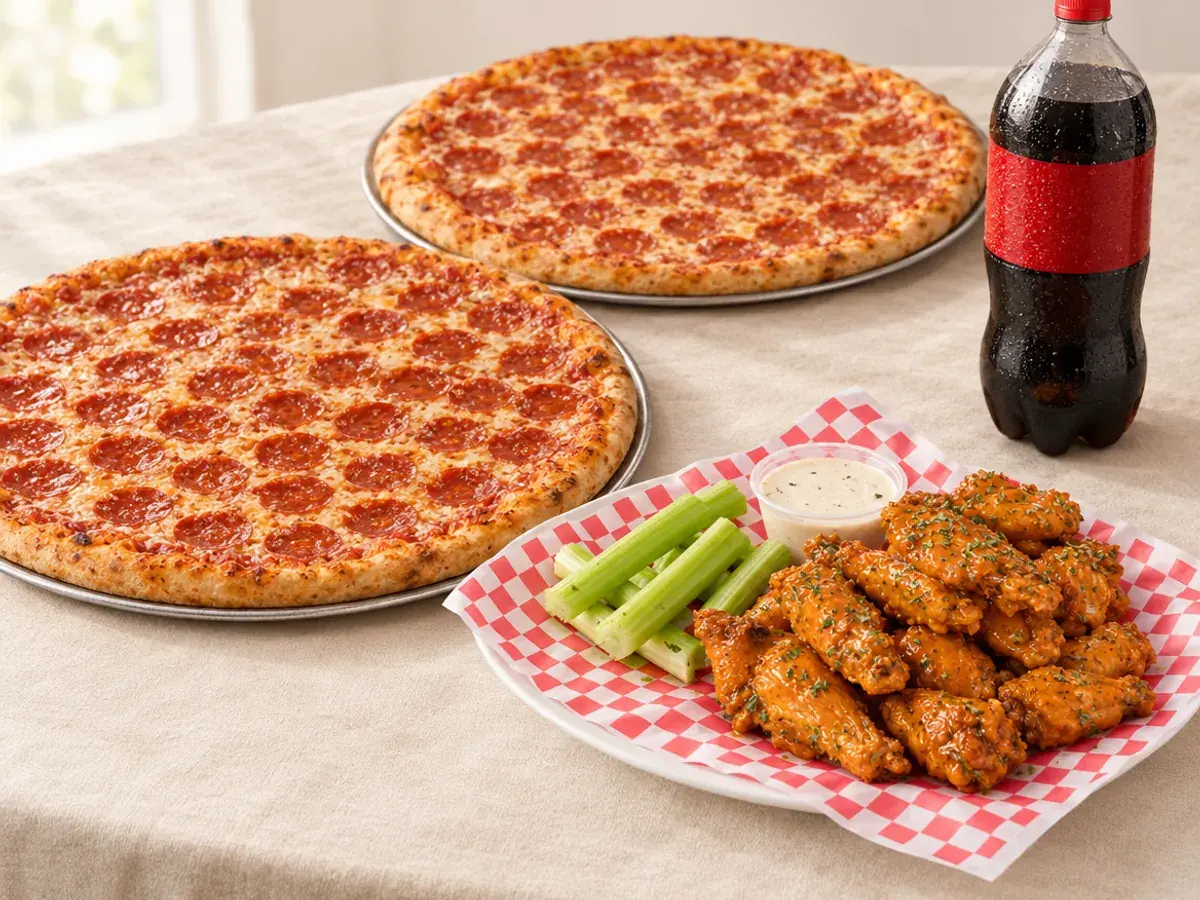 Two large pizzas, a platter of twenty wings and a bottle of soda