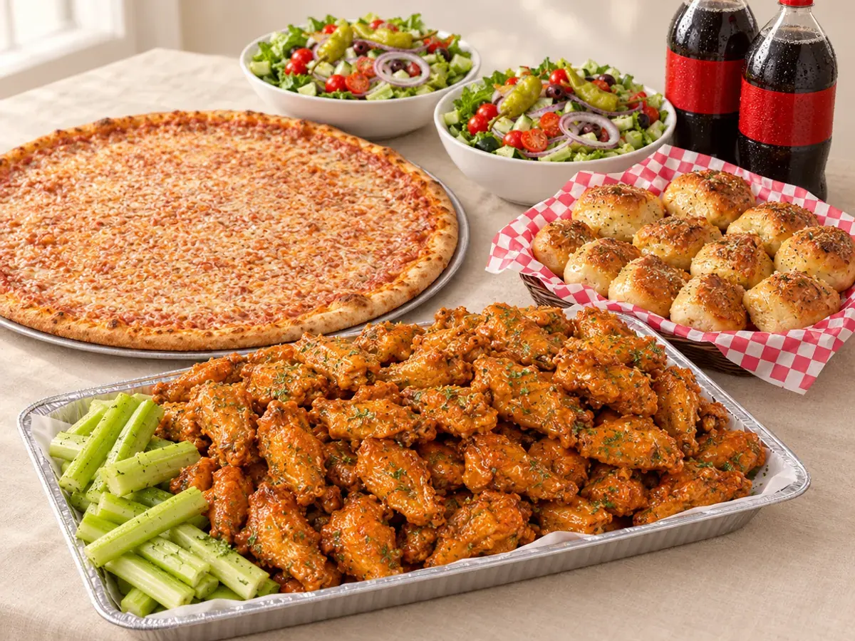 A tray of fifty wings, a large pizza, two salads, garlic rolls and sodas