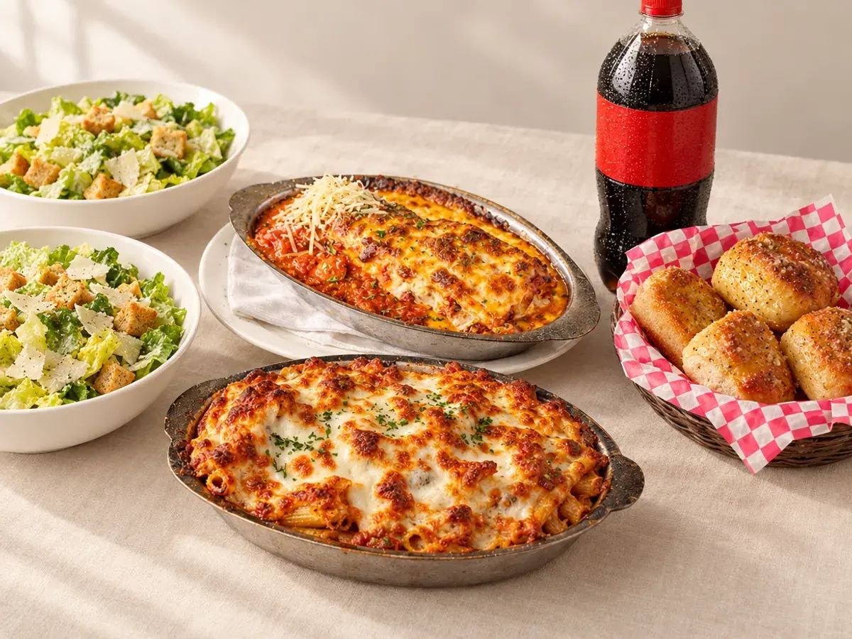 Two bowls of pasta, two Caesar salads, garlic rolls and a bottle of soda